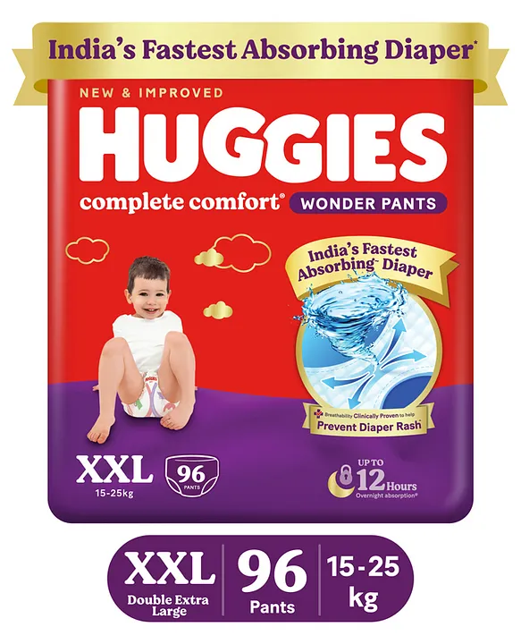 Huggies Complete Comfort Wonder Pants, India's Fastest Absorbing Diaper | XXL Size, 96 Diapers