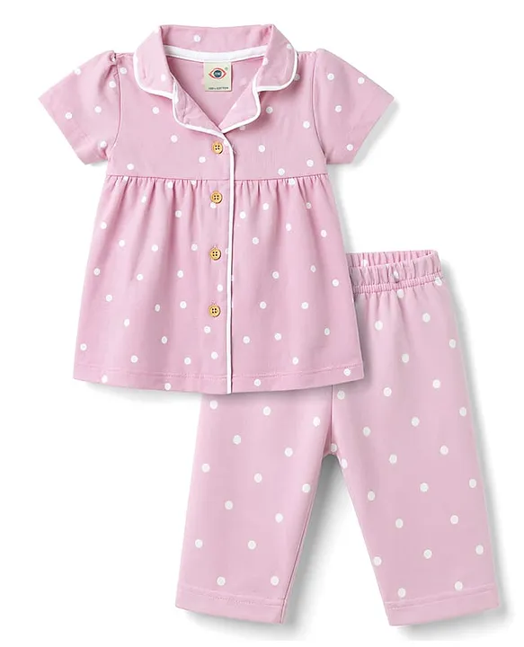 Zero Single Jersey Knit Half Sleeves Co-Ord Top & Pant With Polka Dots Print - Lilac