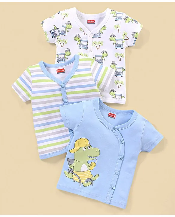 Babyhug 100% Cotton Knit Half Sleeves Striped & Dino Printed Vests Pack of 3 - White & Blue